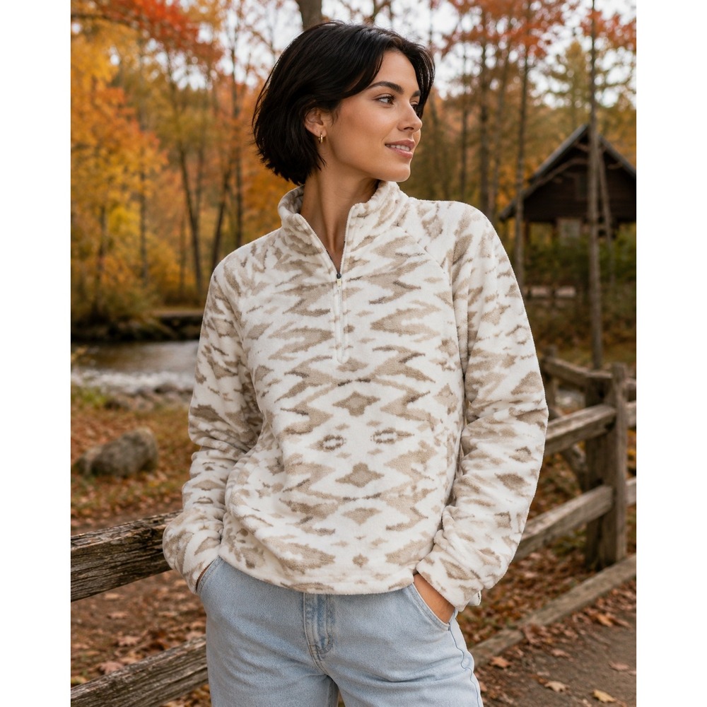 Eddie Bauer Fleece Pullover Women L Beige Ikat 1/4 Zip Pockets Granola Cozy